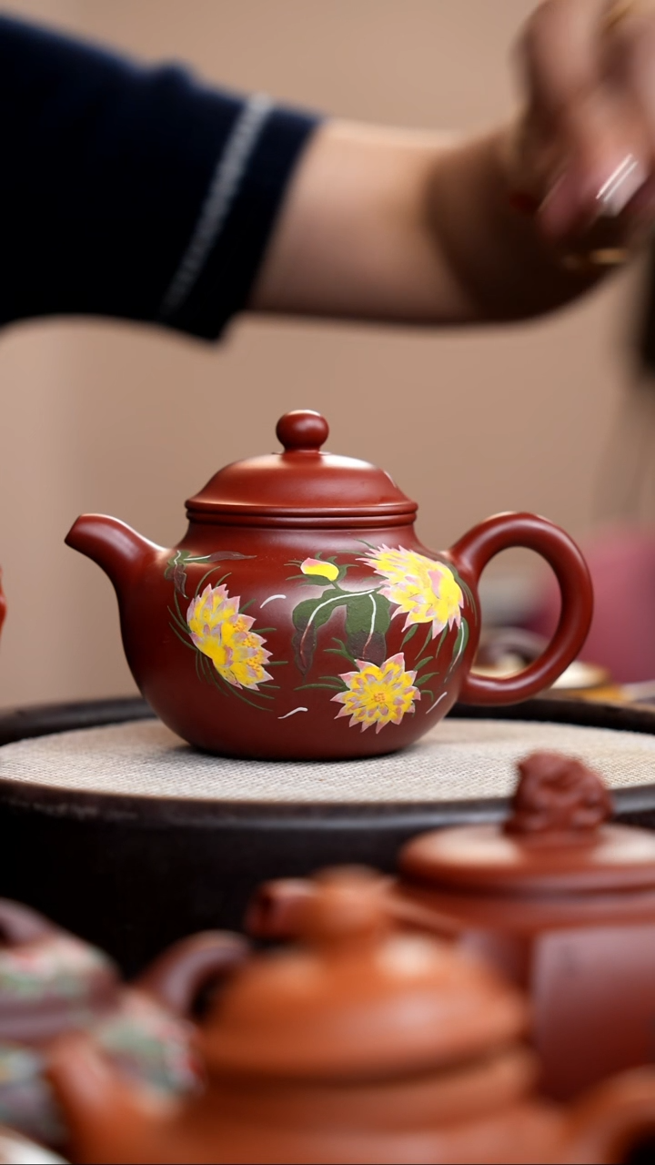 茶壶紫砂朱泥莲子泥绘花007