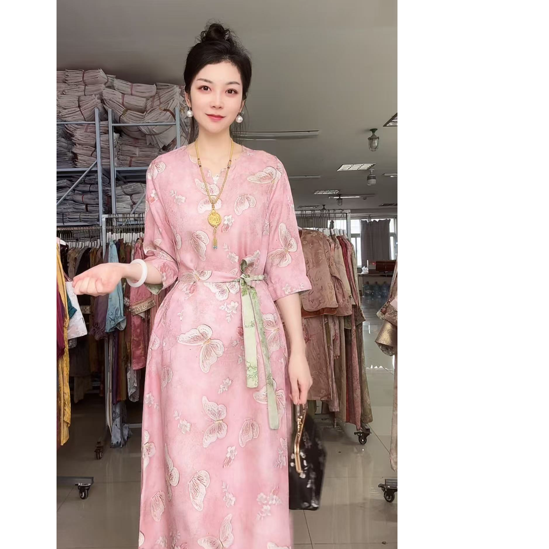 0175--1秋季新款新中式国风宽松显瘦圆领气质优雅双面穿连衣裙