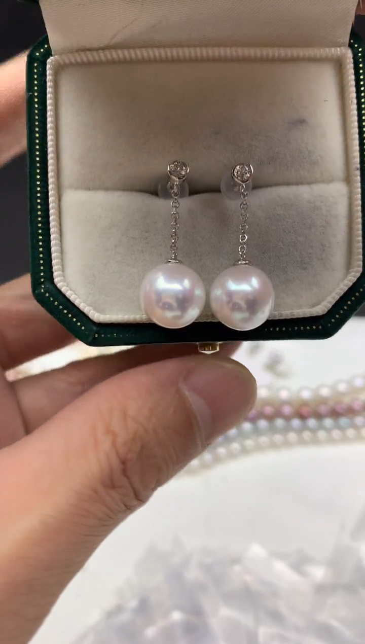 银S925镶嵌ff淡水珍珠白珠耳饰10~11mm