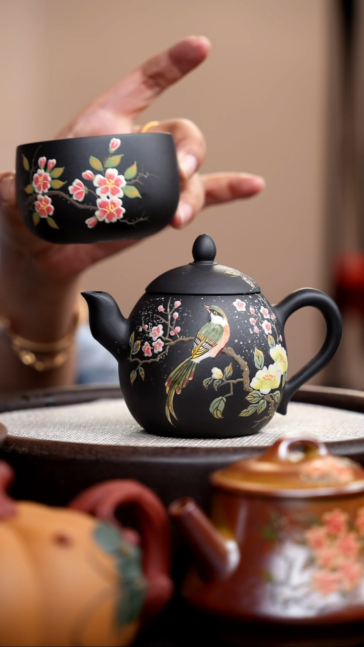 茶壶紫砂云雾龙蛋泥绘雪景+杯008