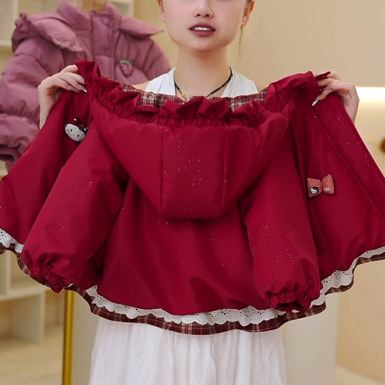 【现货】新款童装保暖棉衣外套冬季加厚加绒儿童红色撒银女宝棉服