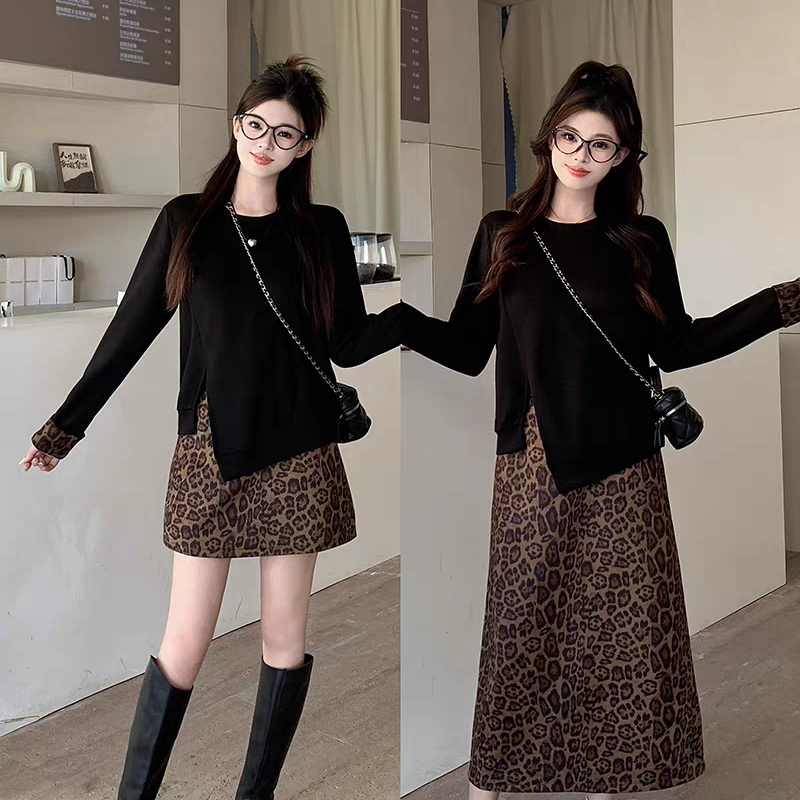 大码女装不规则长袖上衣豹纹半身裙长短裙套装早春秋两件套女1948