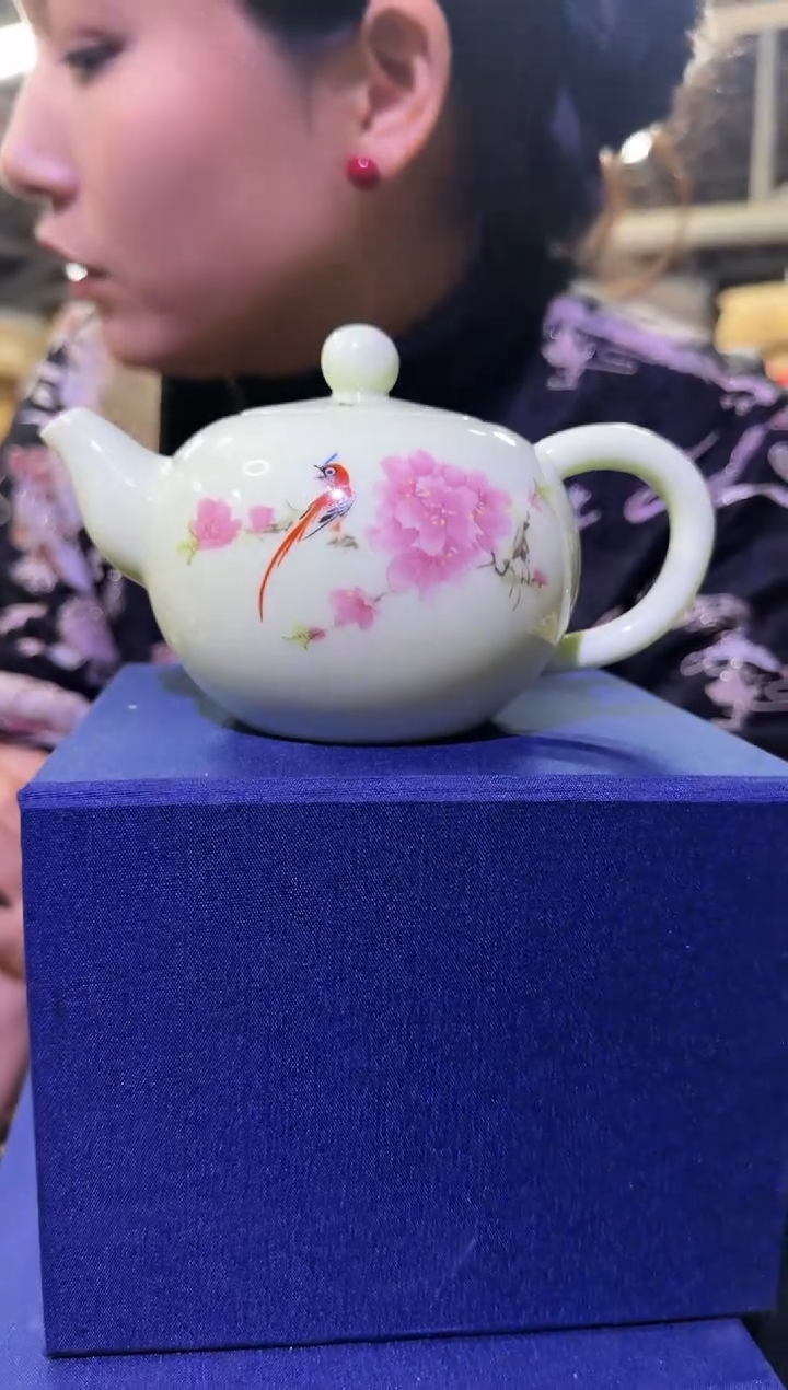 杯子瓷景德镇水点桃花绿稀土壶