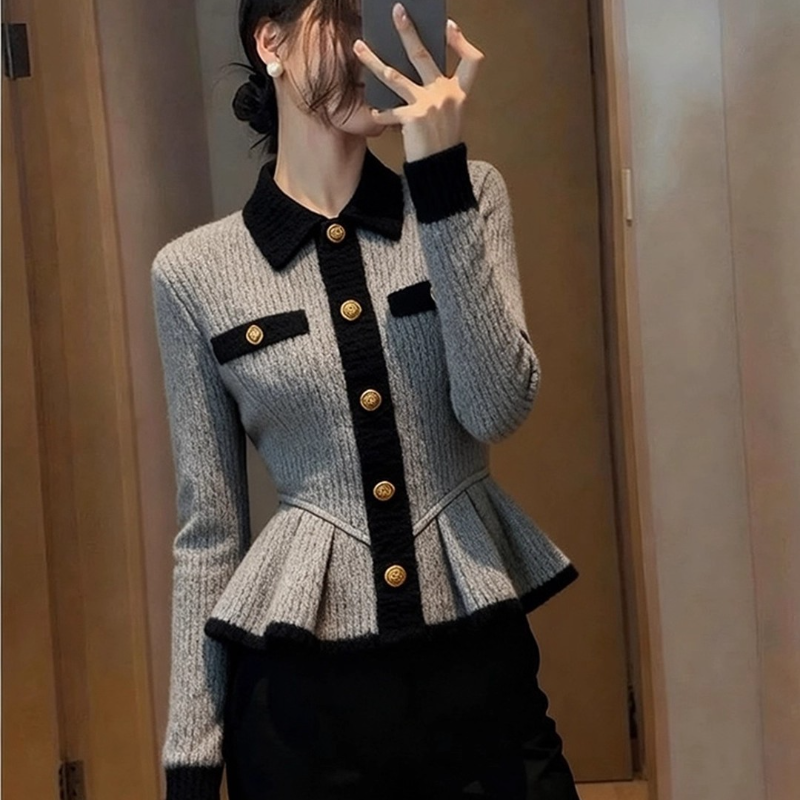 灰色拼接毛衣女秋冬季巨好看轻熟气质小众不撞款掐腰撞色针织外套