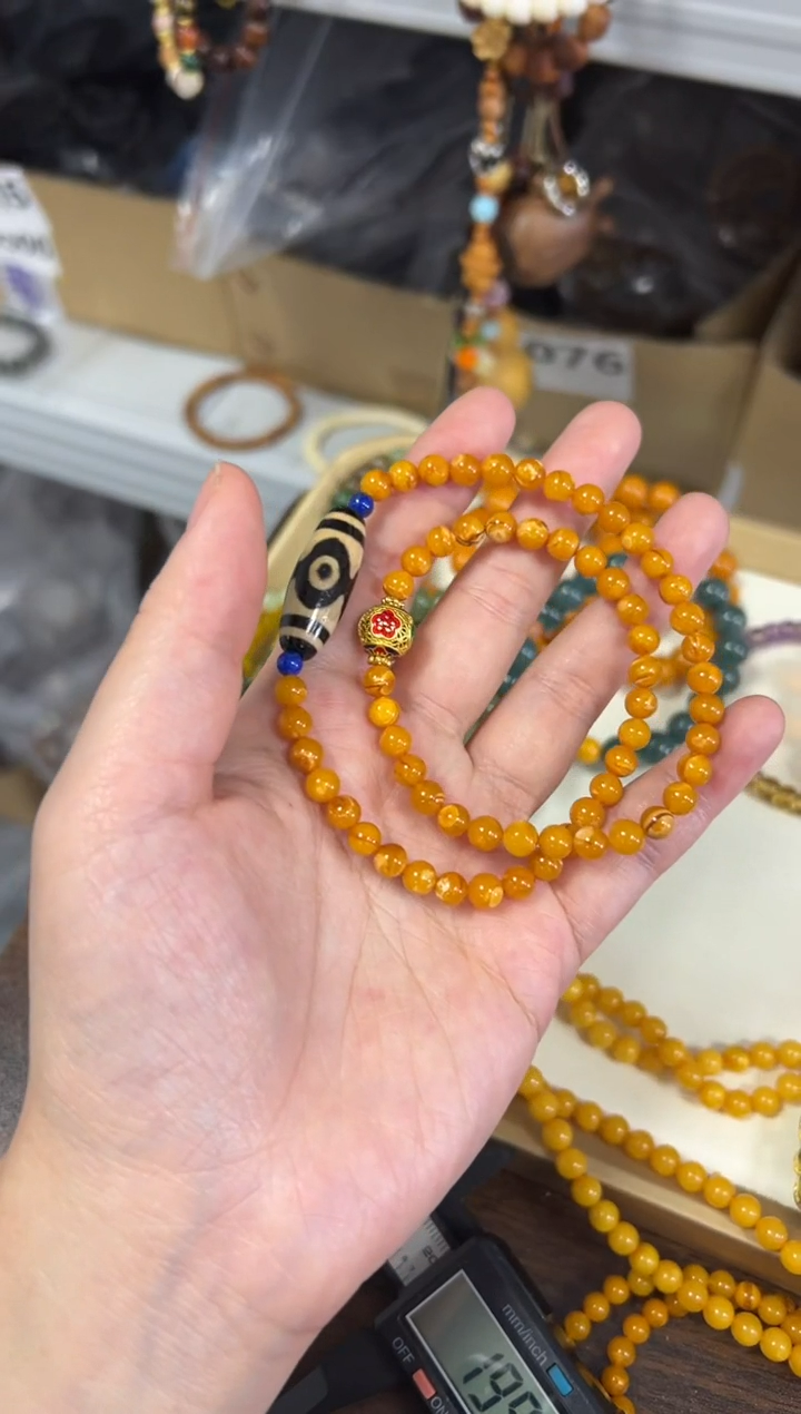 未镶嵌蜜蜡手链老蜜蜡三眼玛瑙珠双圈手链[0230]