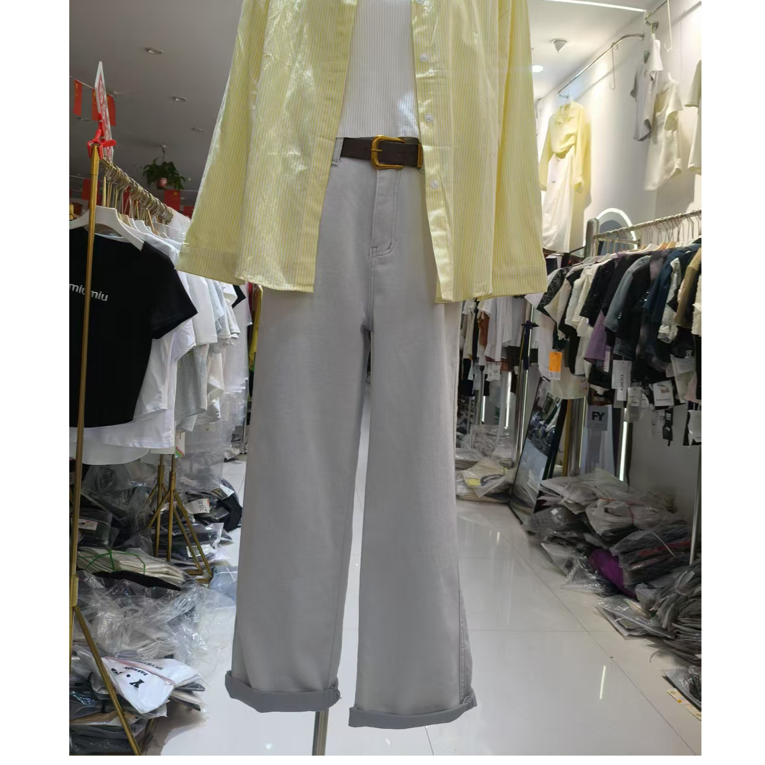 6563#春季新款休闲百搭月光灰窄版直筒高腰显瘦烟管裤