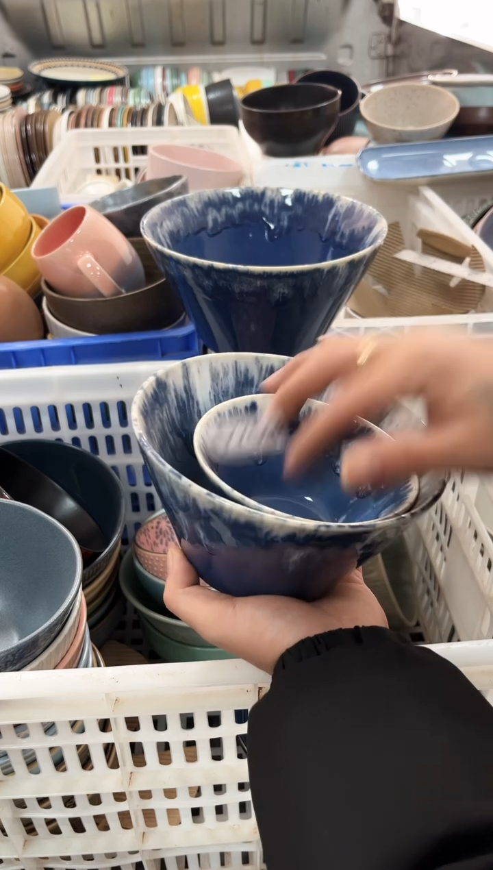 瓷片蓝色斗笠碗3件套