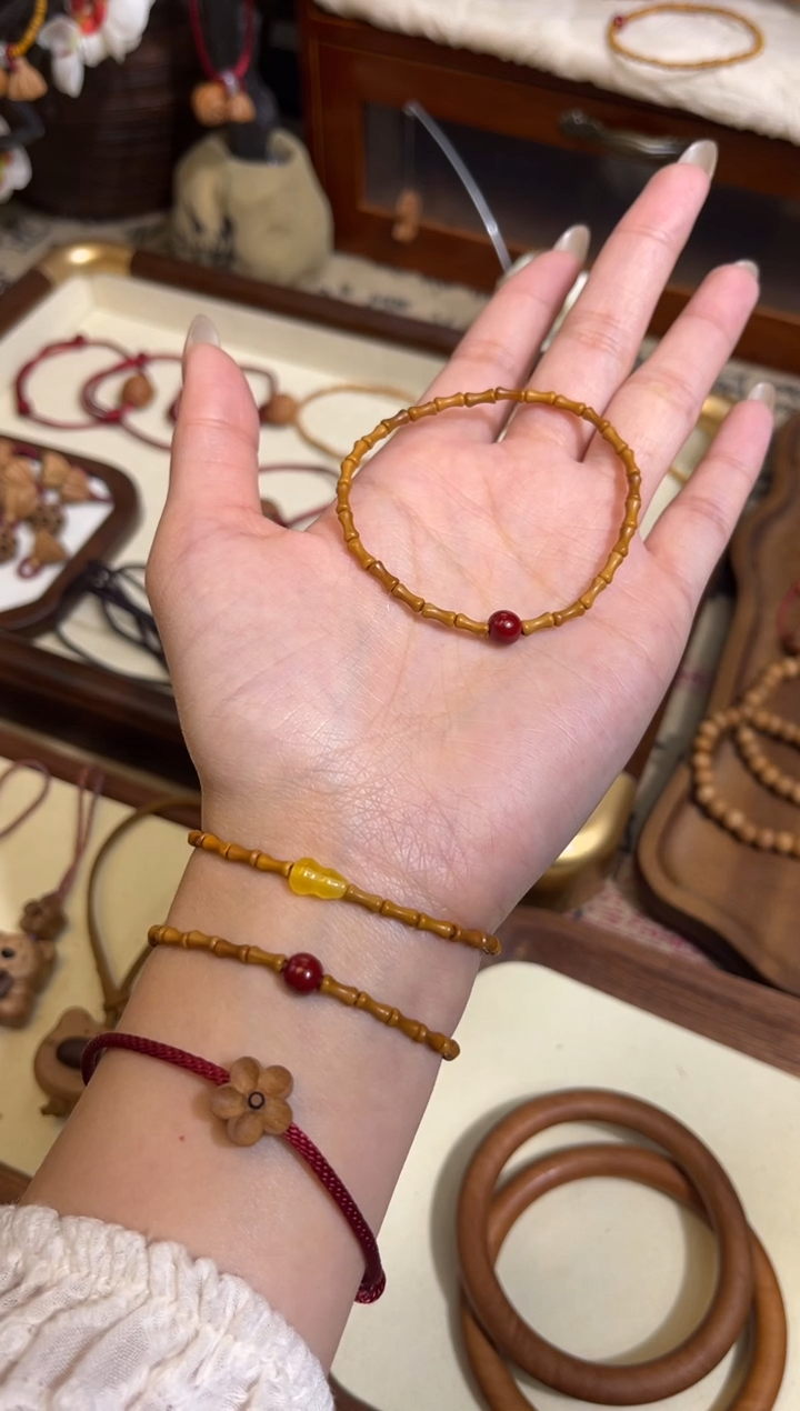 手串桃核【桃缘行】竹节「红色莎莎」桃木桃核辟、挡、驱、护 备注手围