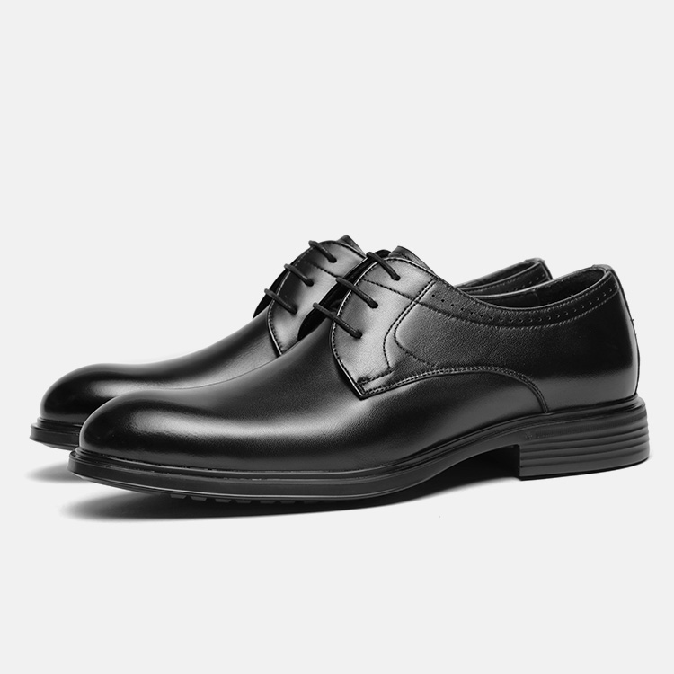 VOLO/犀牛男士尖头系带透气商务皮鞋真皮英伦德比鞋婚鞋正装黑色