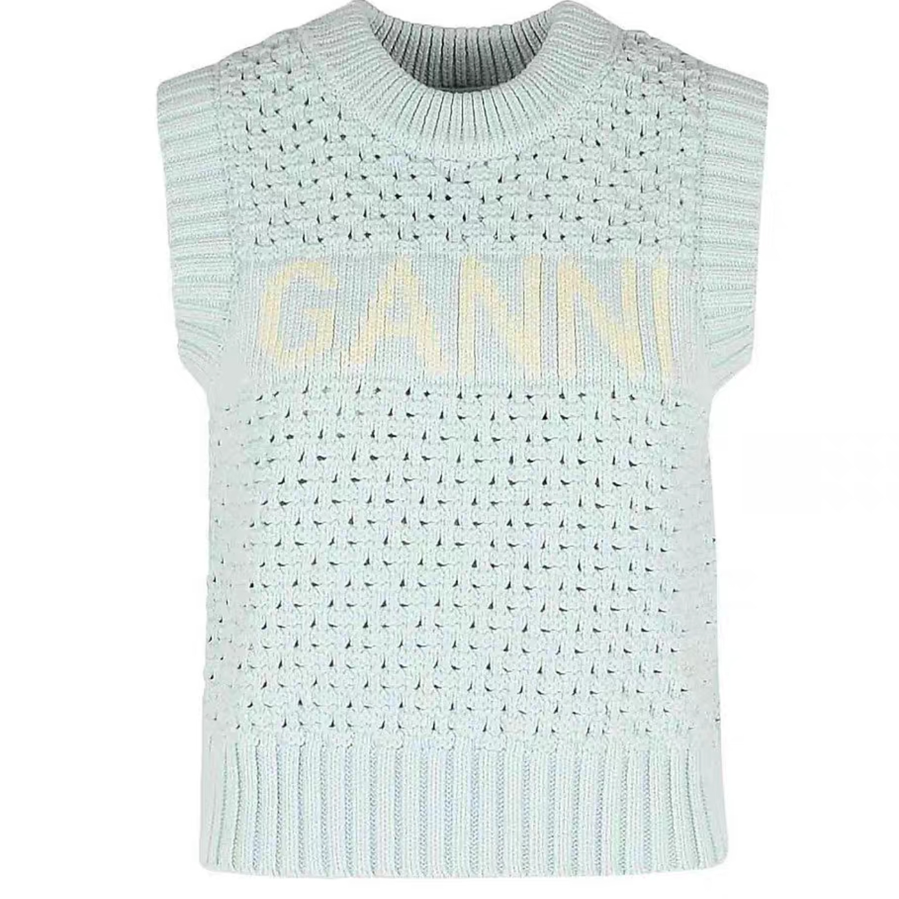 未使用  GANNI SS25 条纹LOGO圆领套头无袖背心 女款 蓝白 ZC