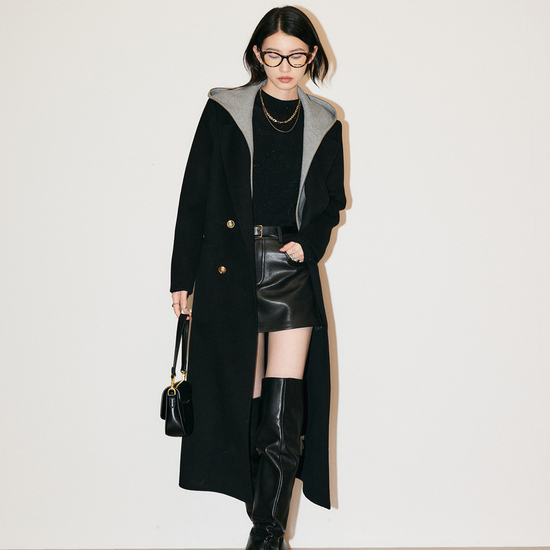 FF仿佛冬季新款假两件可拆卸黑色毛呢外套气质通勤FL00371