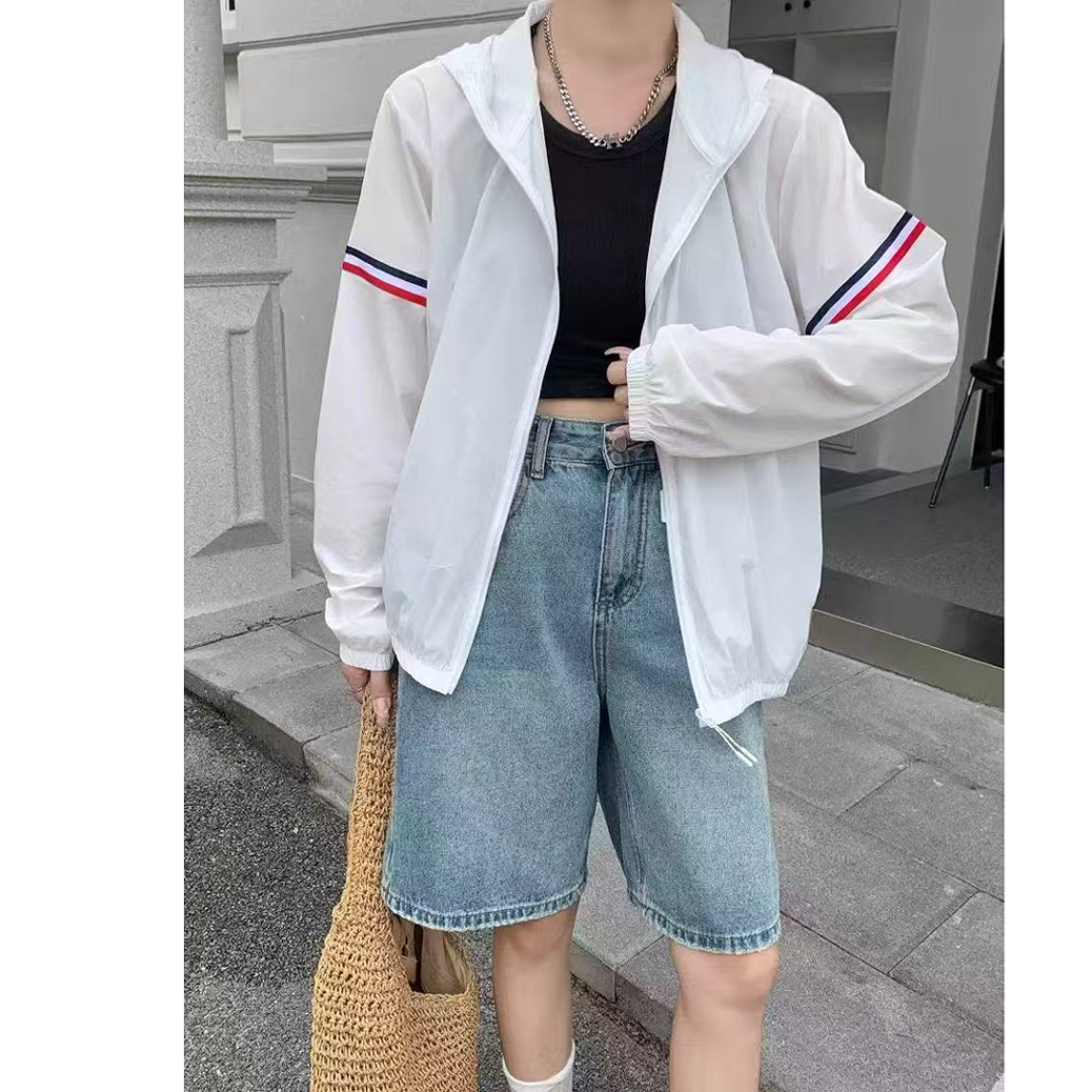 连帽织带宽松休闲防晒衣5807