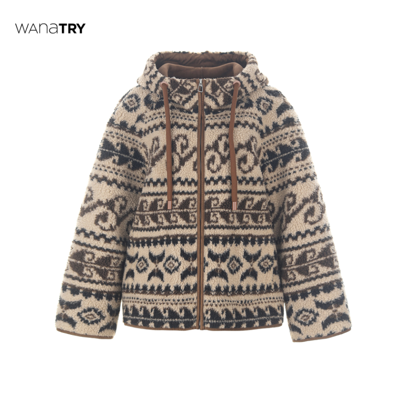 【自播专享】wana try 咖色印花游牧风柔软毛绒外套