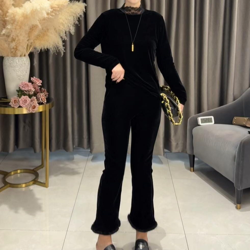 丝绒加厚加绒拼接貂毛九分裤时尚新款显瘦百搭黑色洋气秋冬微喇