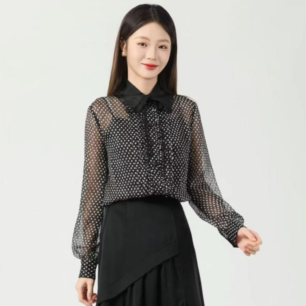 GIRDEAR/哥弟单排扣翻领撞色木耳边美式复古长袖波点衬衫1300973