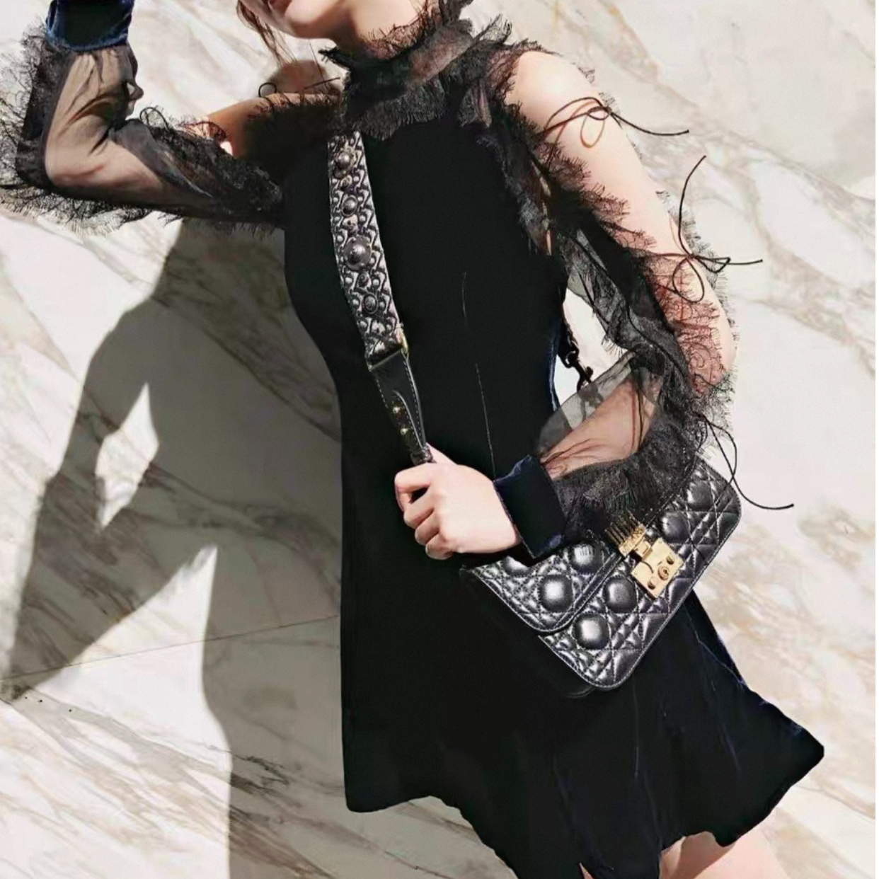 99新 DIOR/迪奥 宝蓝色真丝丝绒欧根纱蕾丝漏肩连衣裙34码