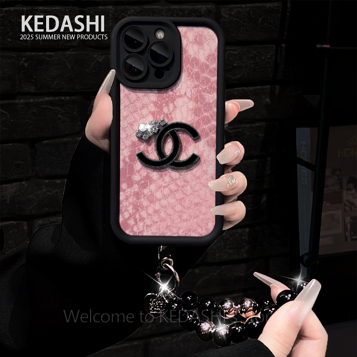 粉色蛇皮纹适用苹果16PROMAX双C标华为VIVO小米OPPO手链手机壳女