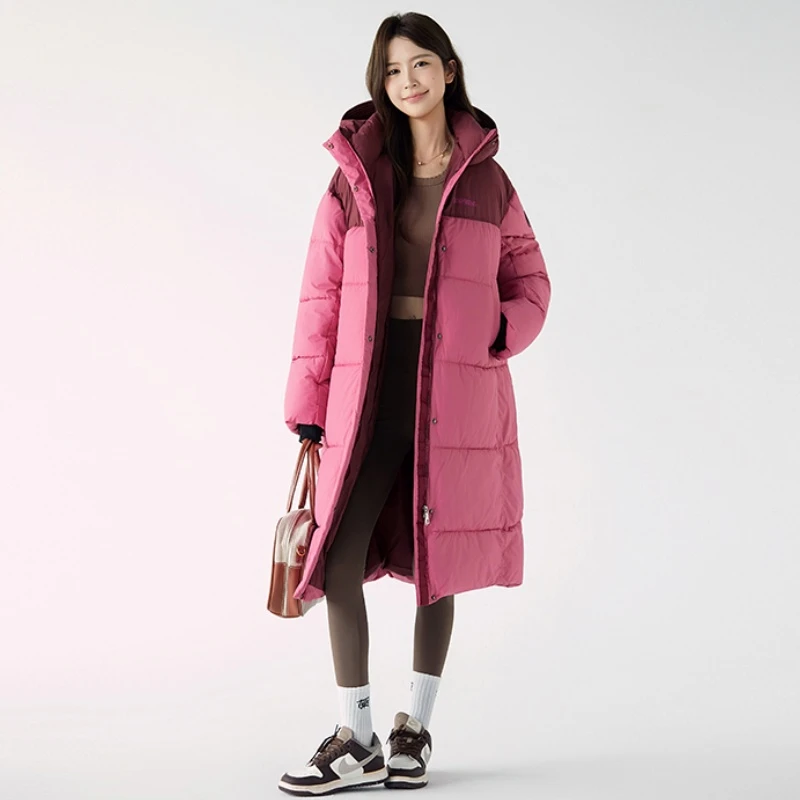 2025年冬季新款中长款连帽拼色棉服女运动时尚加厚保暖情侣款外套
