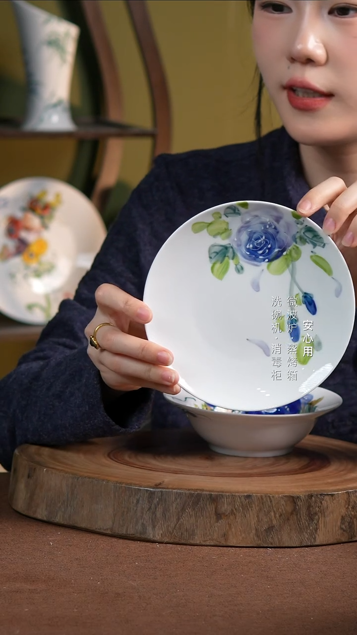 瓷景德镇高温手绘釉下彩6英寸月光盘紫玫瑰