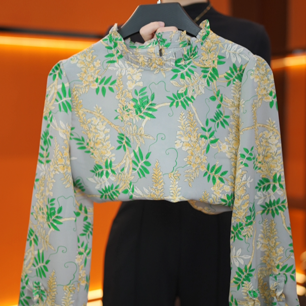 杭州原版宽松型立领荷叶边木耳碎花百搭上衣小衫印花黄色夏款衬衣