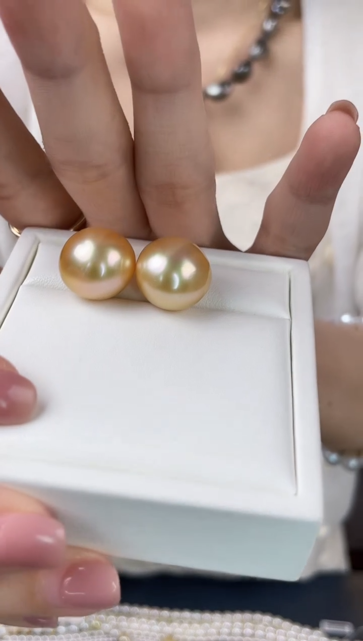 18K金镶嵌海水珍珠耳饰金珠15-16mm