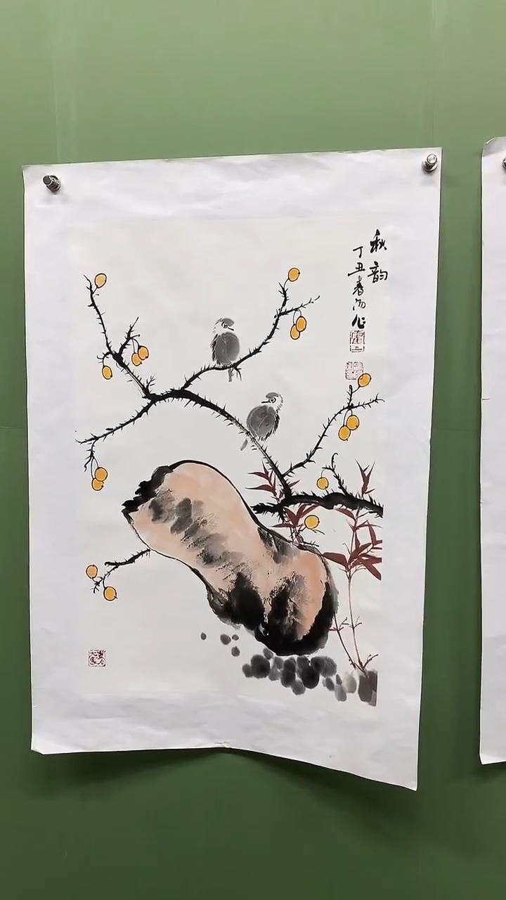 竖款精品开三花鸟，秋