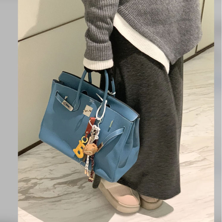 95新 Hermes/爱马仕 小花Jerry Birkin 35 牛仔蓝 框N  手提包