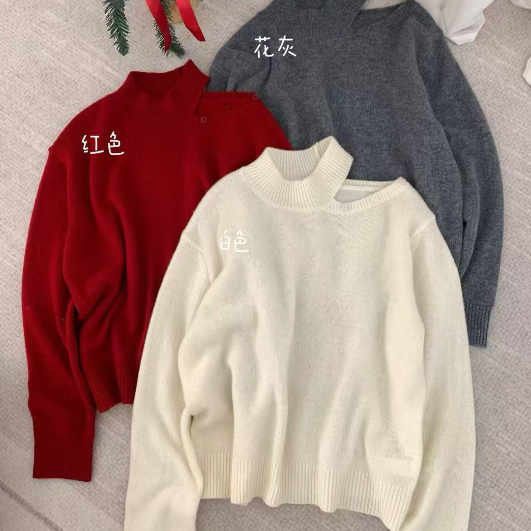 圣诞氛围感100绵羊毛秋冬韩版露肩长袖别致显瘦女士毛衣针织衫