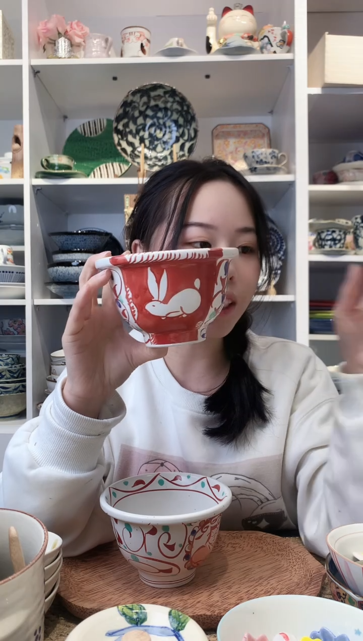 陶瓷濑户烧赤绘兔饭碗13cm