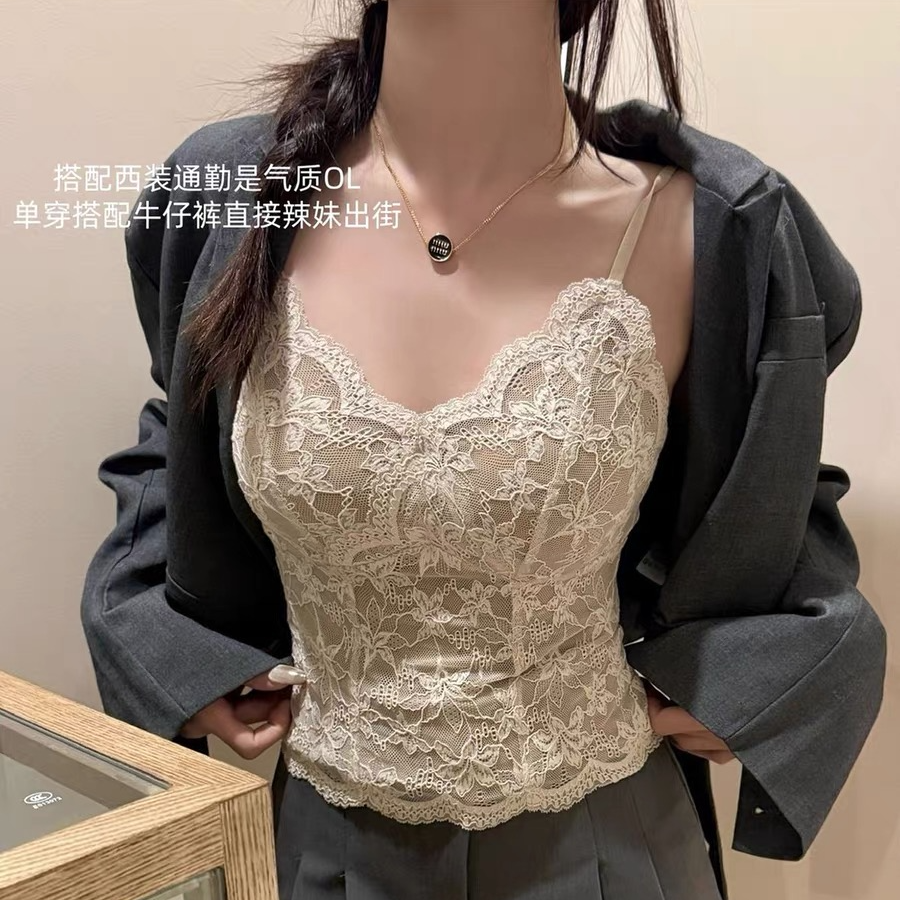 【主播款】双面磨毛法式蕾丝内衣吊带背心女纯欲风内搭打底带胸垫