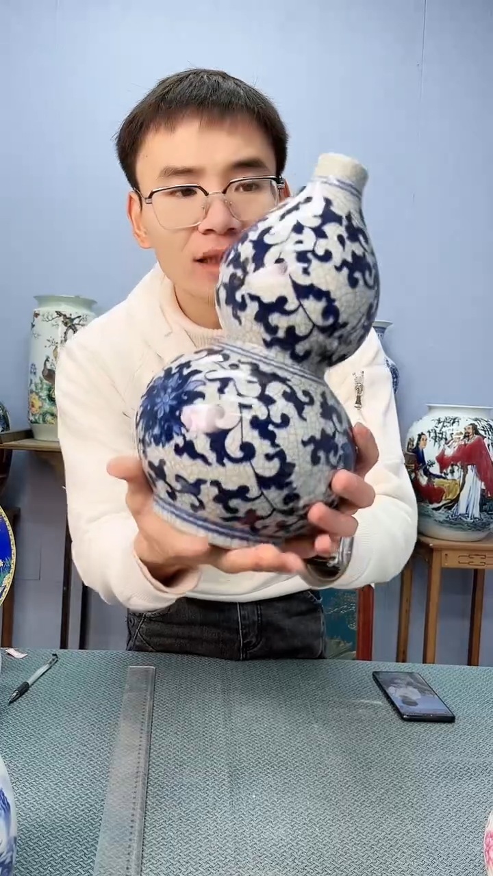 【闪购商品】瓶景德镇葫芦青花开片陶瓷摆件