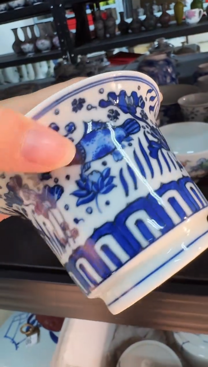 瓷028函夏非遗青花鱼藻纹两才盖碗