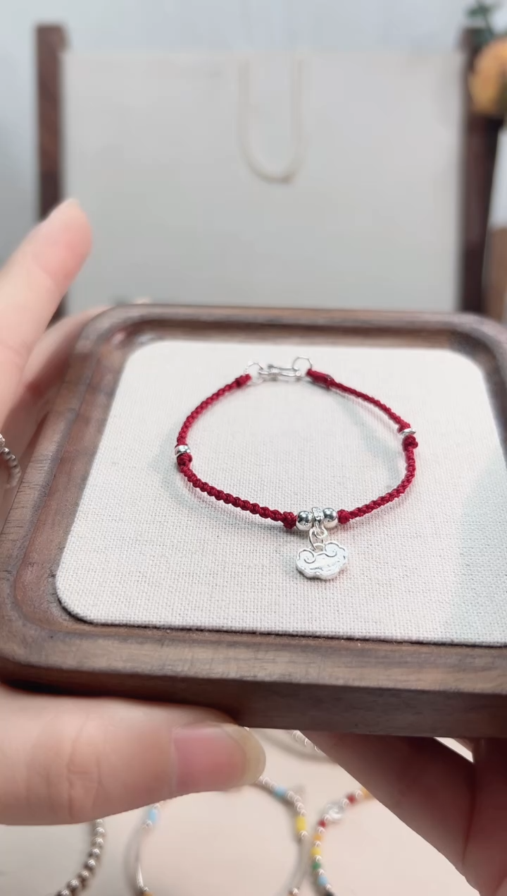 无925银如意吊牌红绳酒红调节手链