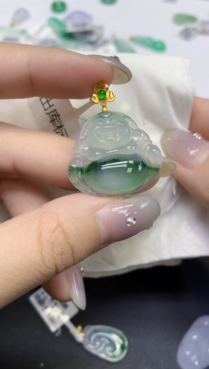 颈饰18K金镶嵌翡翠天然缅甸翡翠A货百元以上9元证书费自理