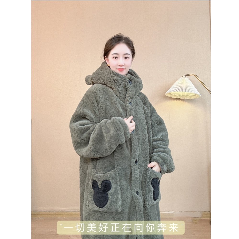 深冬双层巨厚连帽中长款加绒加厚保暖家居服睡衣睡袍浴袍套装男女