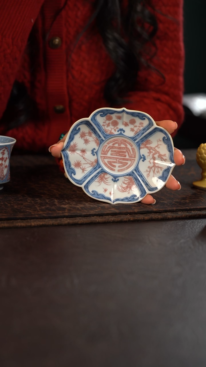 【闪购商品】杯贵红窑青花釉里红黄釉松竹梅团寿杯垫