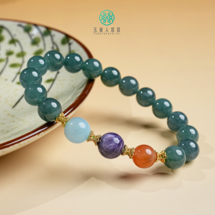石惑珠宝^翡翠单圈吉祥三宝圆珠手串约9mm-多样性发一