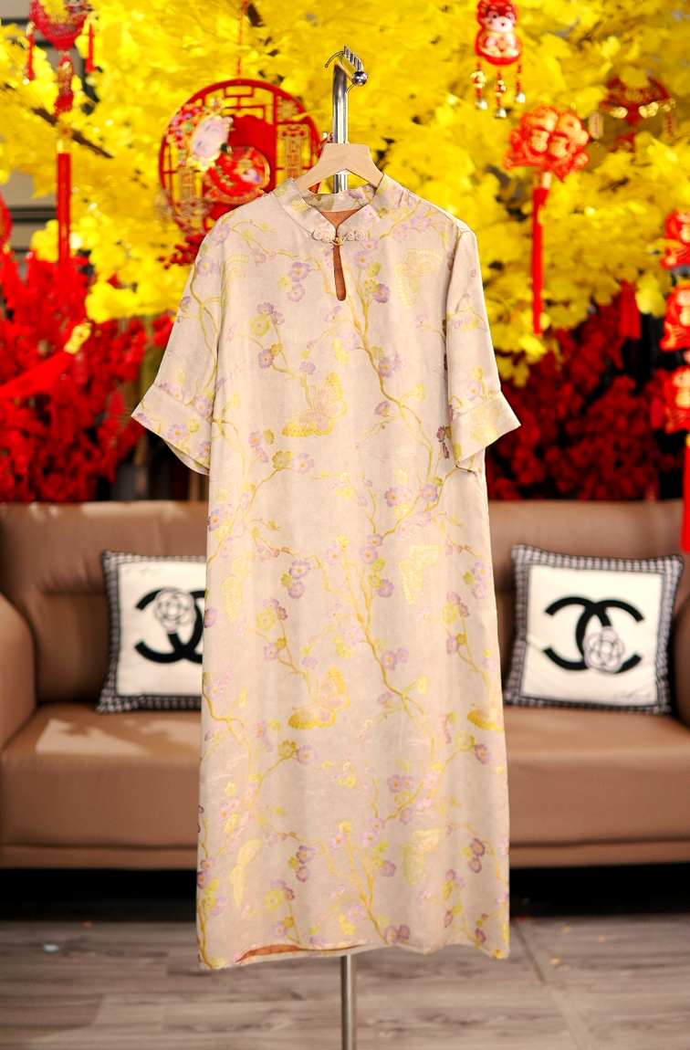 荡领短袖连衣裙娃娃领常规日常中长裙复古中长款气质7981