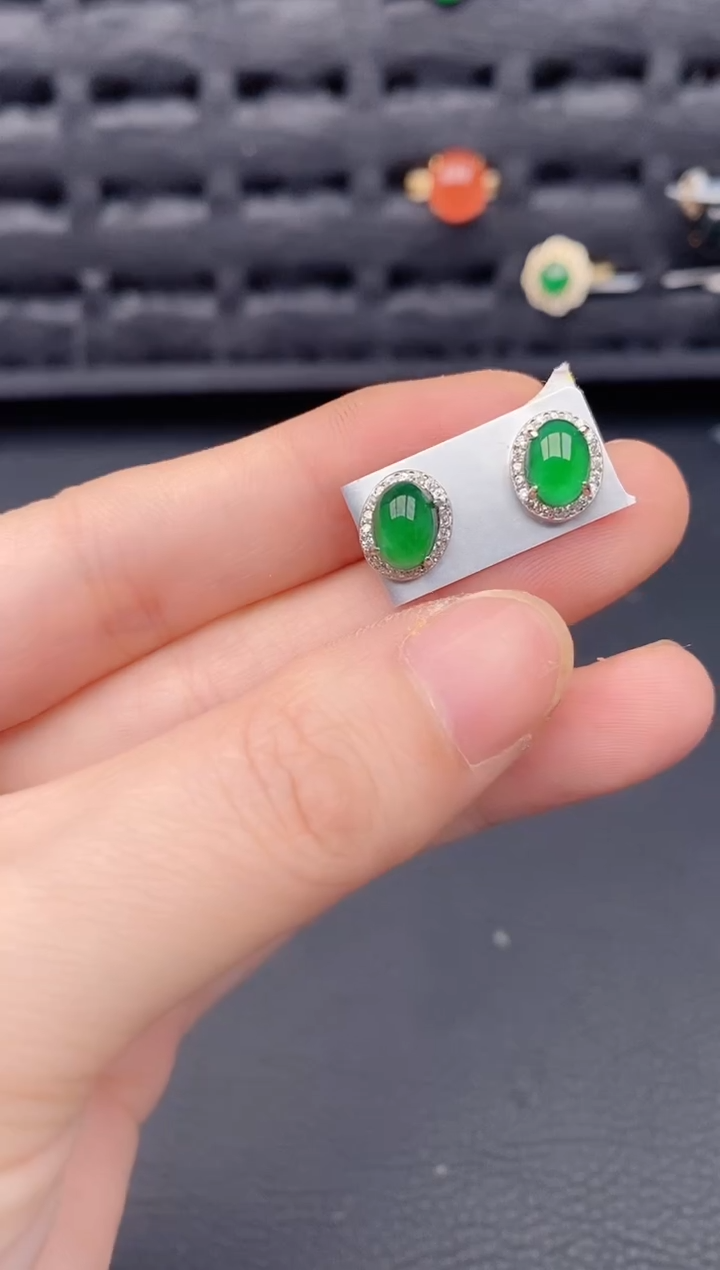 银S925镶嵌翡翠耳饰天然a货翡翠317