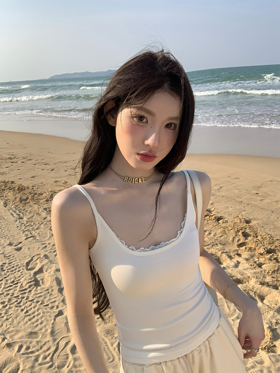 alex stevens奶呼呼白色小吊带背心女带胸垫花边内搭外穿上衣