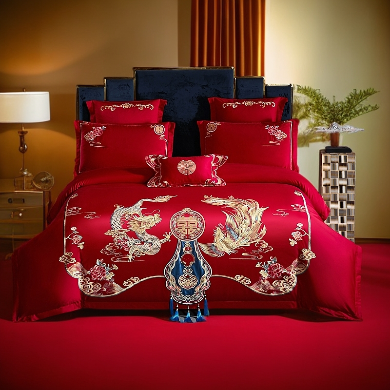 【喜韵龙凤】【聚酯纤维】龙凤婚庆家纺床上用品刺绣红色四件套