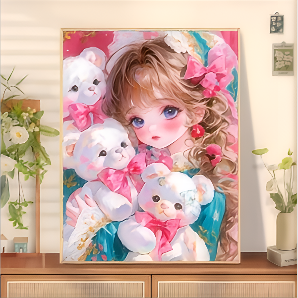 2025年新款独家可爱抱熊女孩炫彩AB钻DIY钻石画40*50