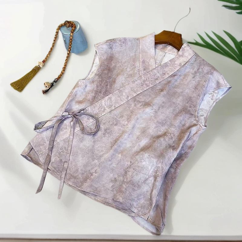知羽.香云【浅紫吟】夏新款桑蚕丝提花罗新中式交叠领上衣ZY241546
