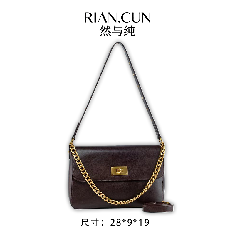 RAIN.CUN冬季2025新款轻奢设计单肩斜挎女包 QYX-98178-巧克力