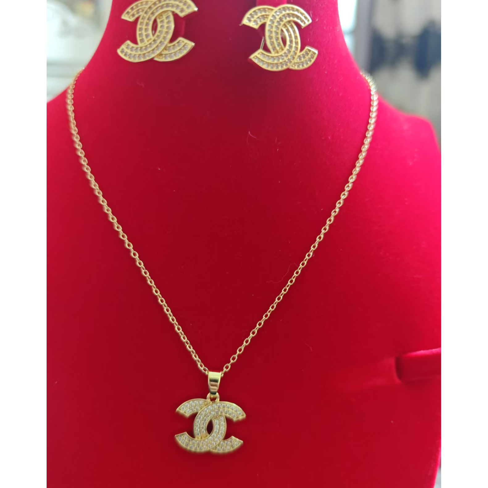 钛钢项链 粉色水钻双C复古时髦珍珠饰品