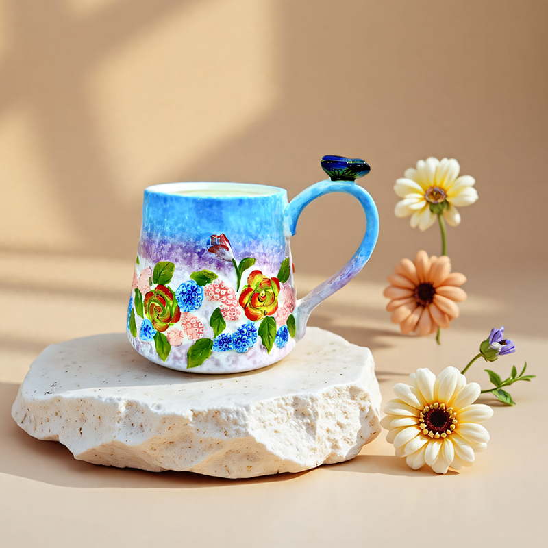 （配勺）手工手绘蓝色蝶恋花浮雕创意陶瓷大脚杯马克杯