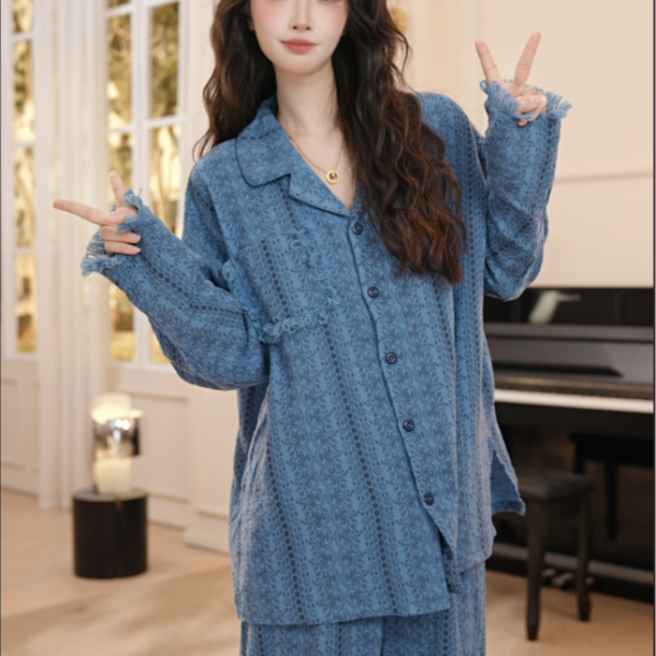 VINEEMAN【雾蓝眠语】薄款长裤睡衣秋季甜美女士宽松透气长袖松紧带