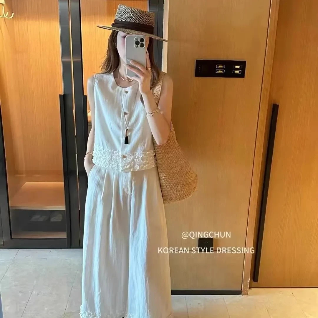 【悸动时刻】设计感花边短袖小衫+松紧腰直筒裤老钱风套装女1467