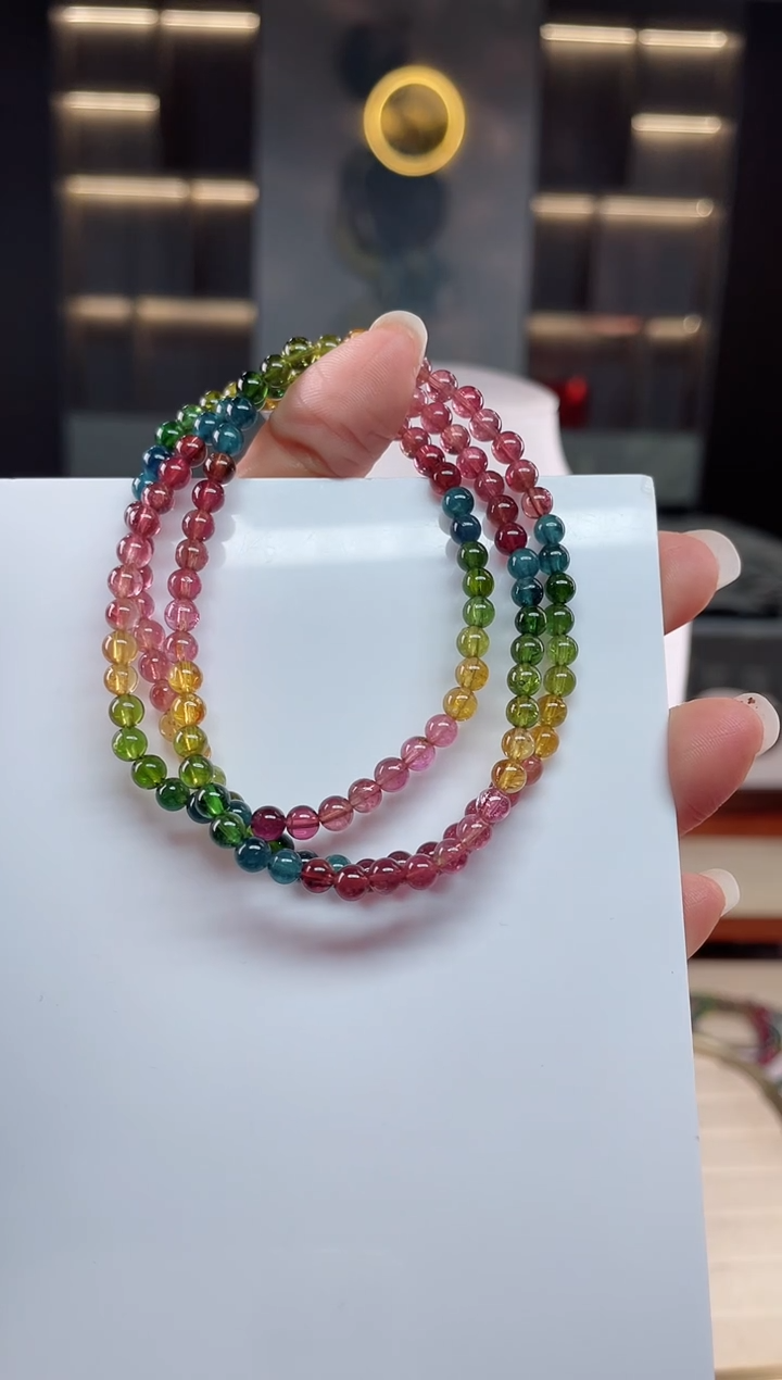 未镶嵌老矿碧玺彩虹三圈手串4mm+碧玺（多样性发一条）Q