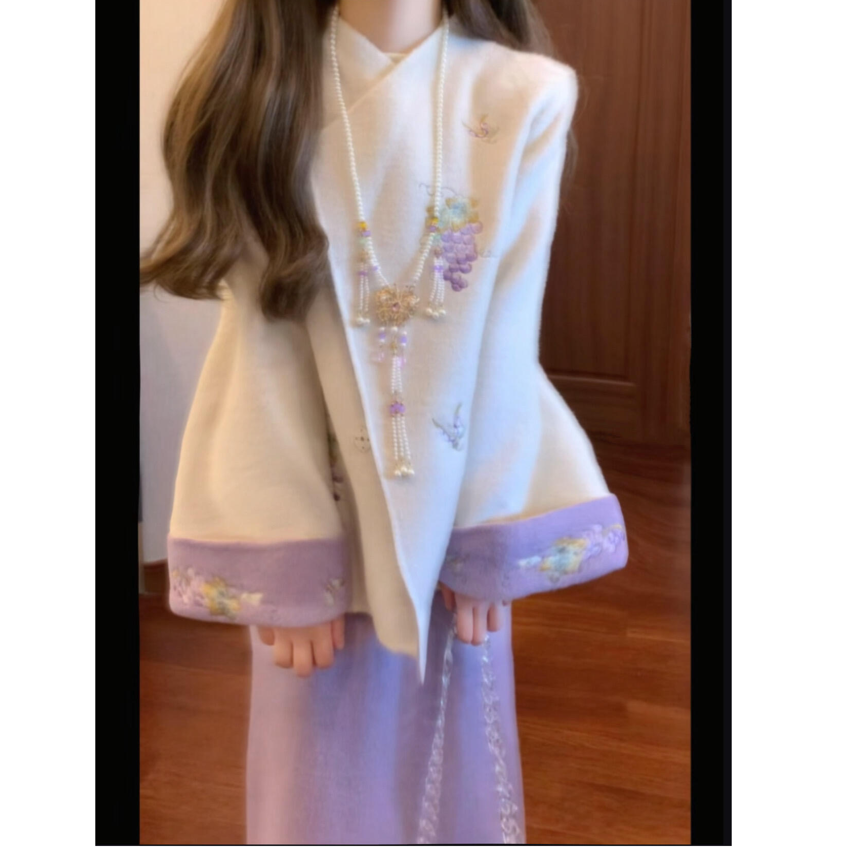 【紫葡萄】2025秋冬新款新中式国风刺绣双面穿外套高腰开叉半身裙女